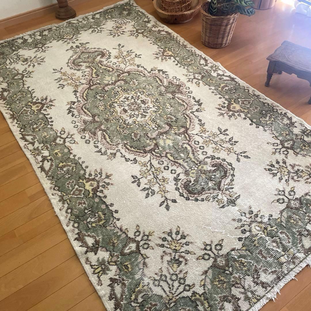 115×206 モスグリーン×クリーム　メダリオン　トルコヴィンテージラグ