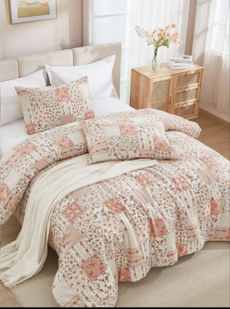 ＊新品＊枕＆ベッドカバーセット　綿100％ 可愛いパッチワーク風　キングサイズ