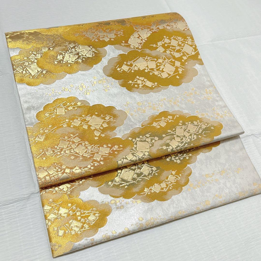 梅垣織物　袋帯　切箔雲文　西陣織　引箔　正絹　金銀糸　シルバー系