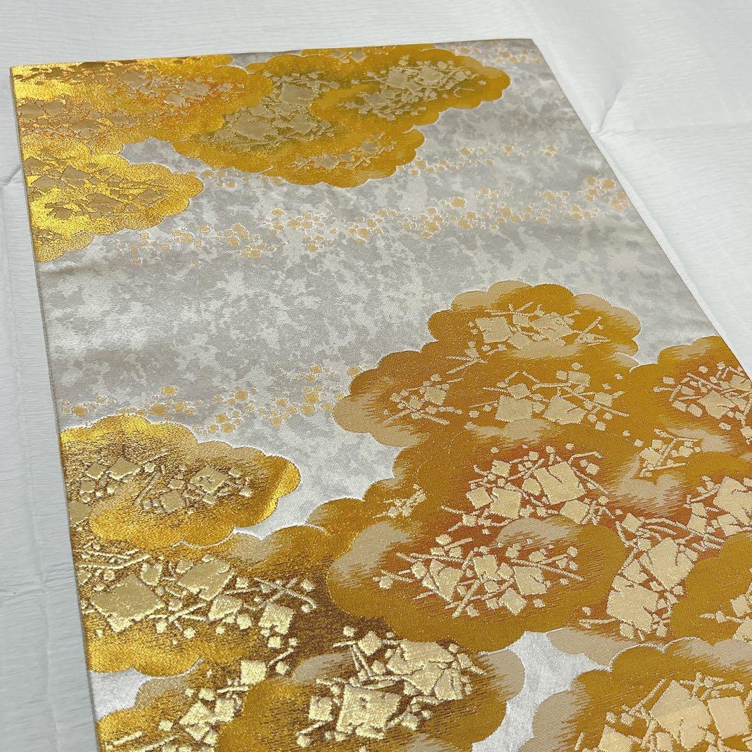 梅垣織物　袋帯　切箔雲文　西陣織　引箔　正絹　金銀糸　シルバー系