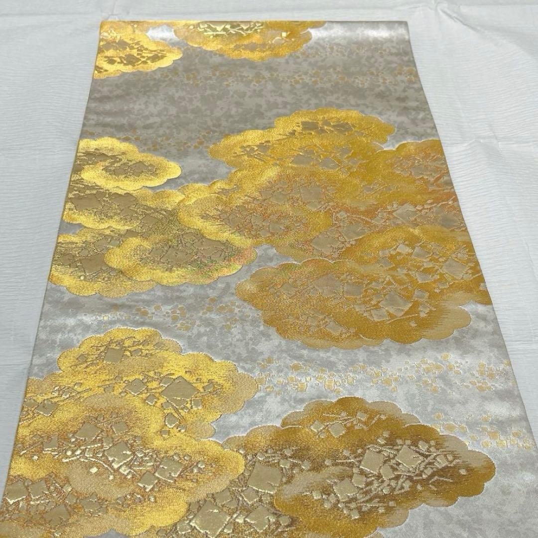 梅垣織物　袋帯　切箔雲文　西陣織　引箔　正絹　金銀糸　シルバー系