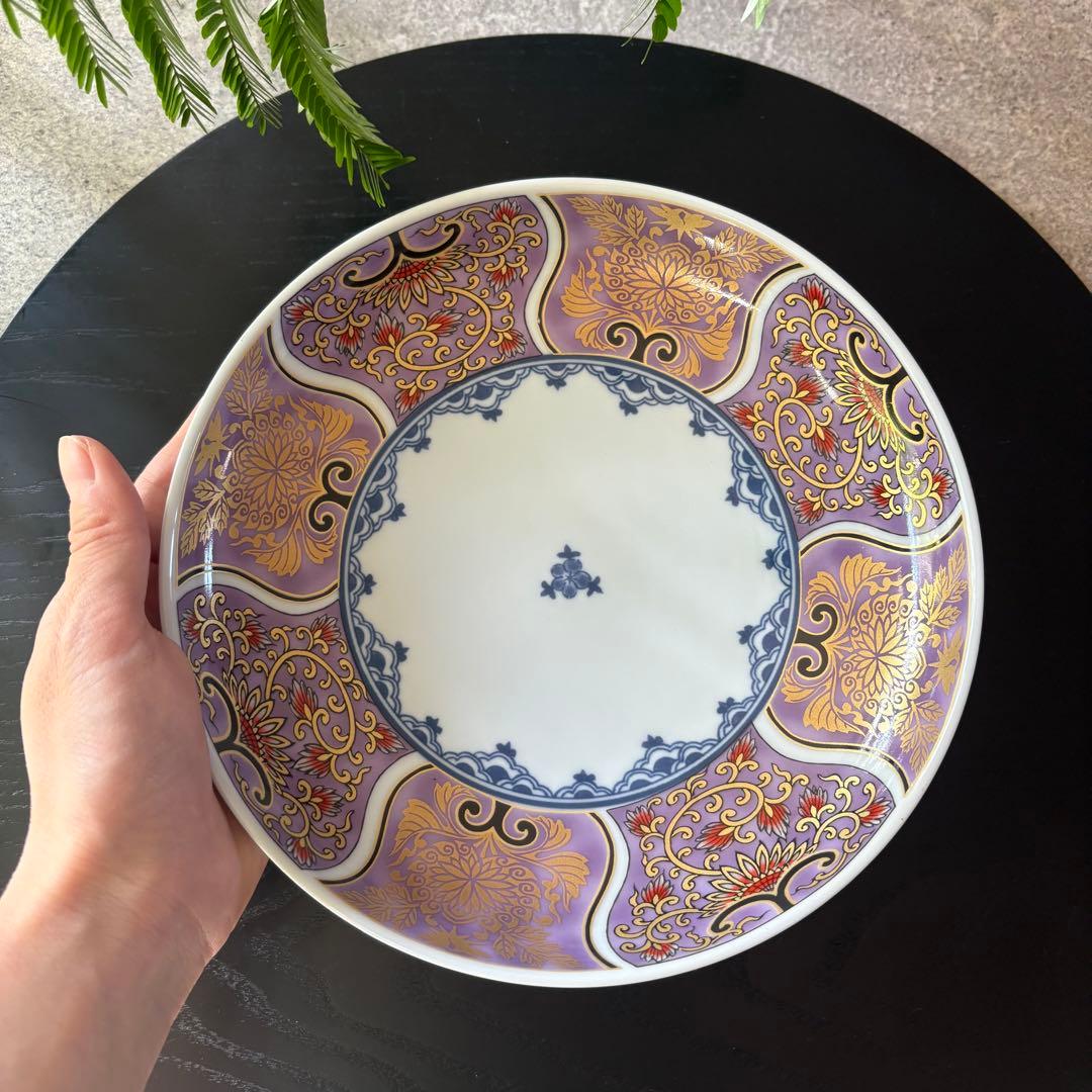 献上古伊万里　大皿　５枚セット　紫　パープル　約20cm 多用皿　金彩　和食器