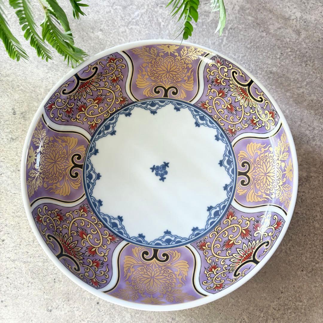 献上古伊万里　大皿　５枚セット　紫　パープル　約20cm 多用皿　金彩　和食器