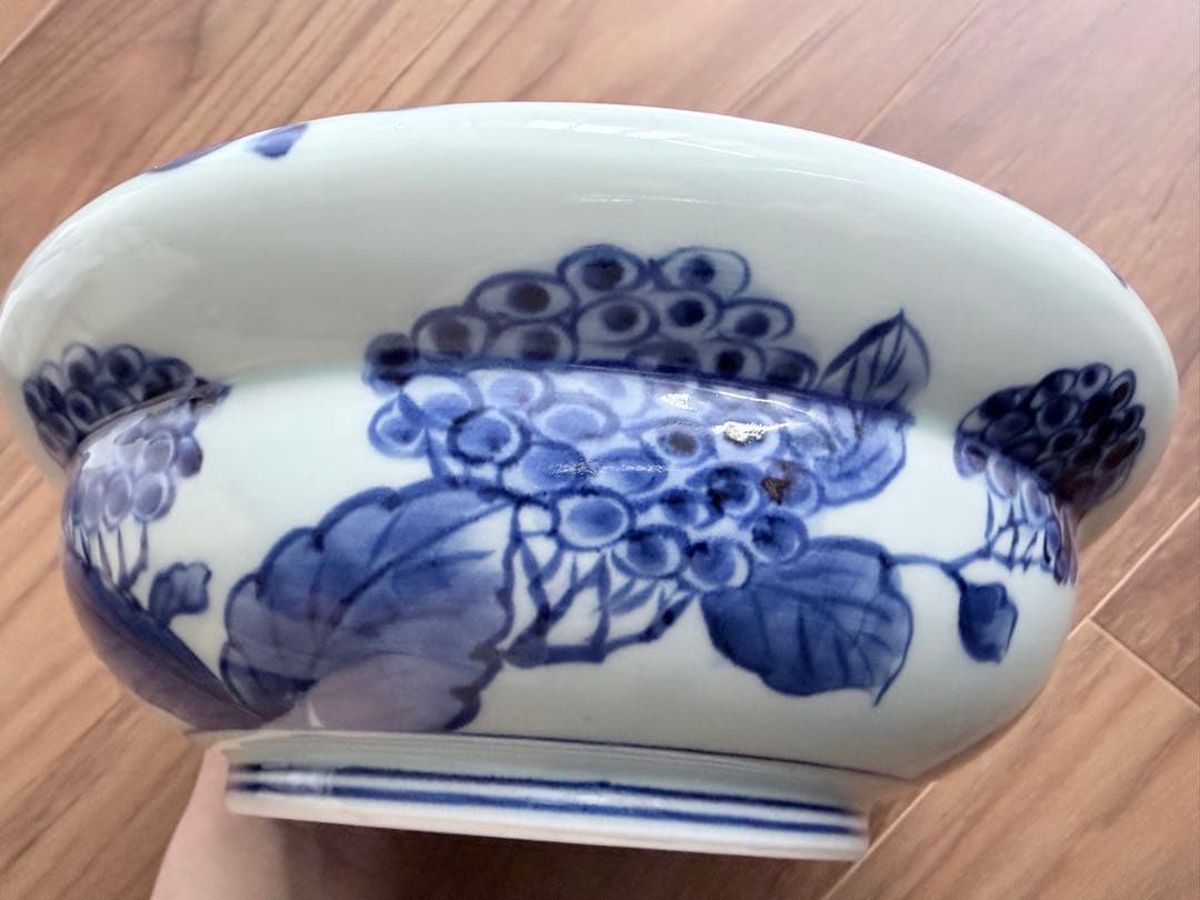 未使用 有田焼 一作窯 染付牡丹青海波 鉢 作家物 山口清久 手描き 古染付