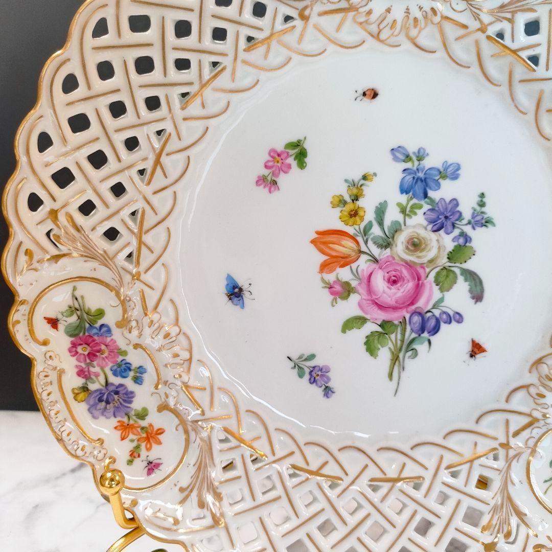 24㎝★マイセン 昆虫 ピアスエッジ ピンクローズ金彩 透かしプレート 希少品