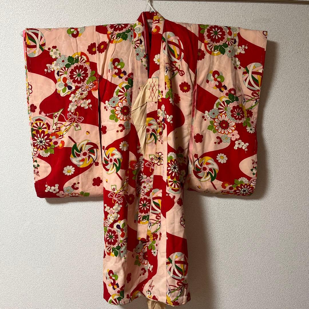 七五三　3歳　着物　アンティーク　ピンク　赤　被布　正絹