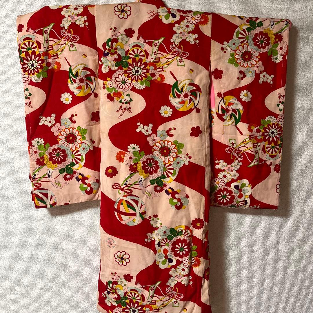 七五三　3歳　着物　アンティーク　ピンク　赤　被布　正絹