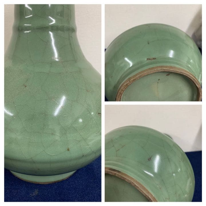 中国古美術　宋時代龍泉窯弦紋瓶，共箱：　C-3-3