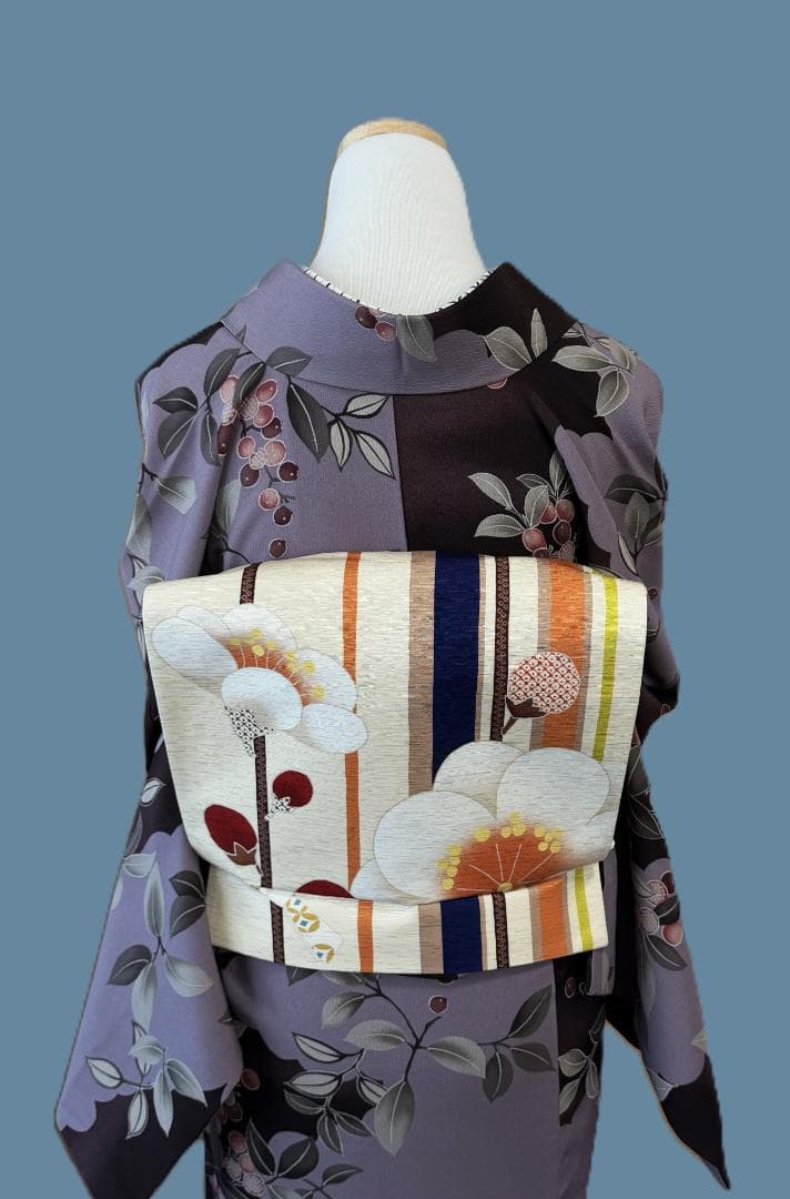 帯７　WA.KKA　梅の花・枝とおみくじ京袋帯　アイボリー系　約３７６×３１