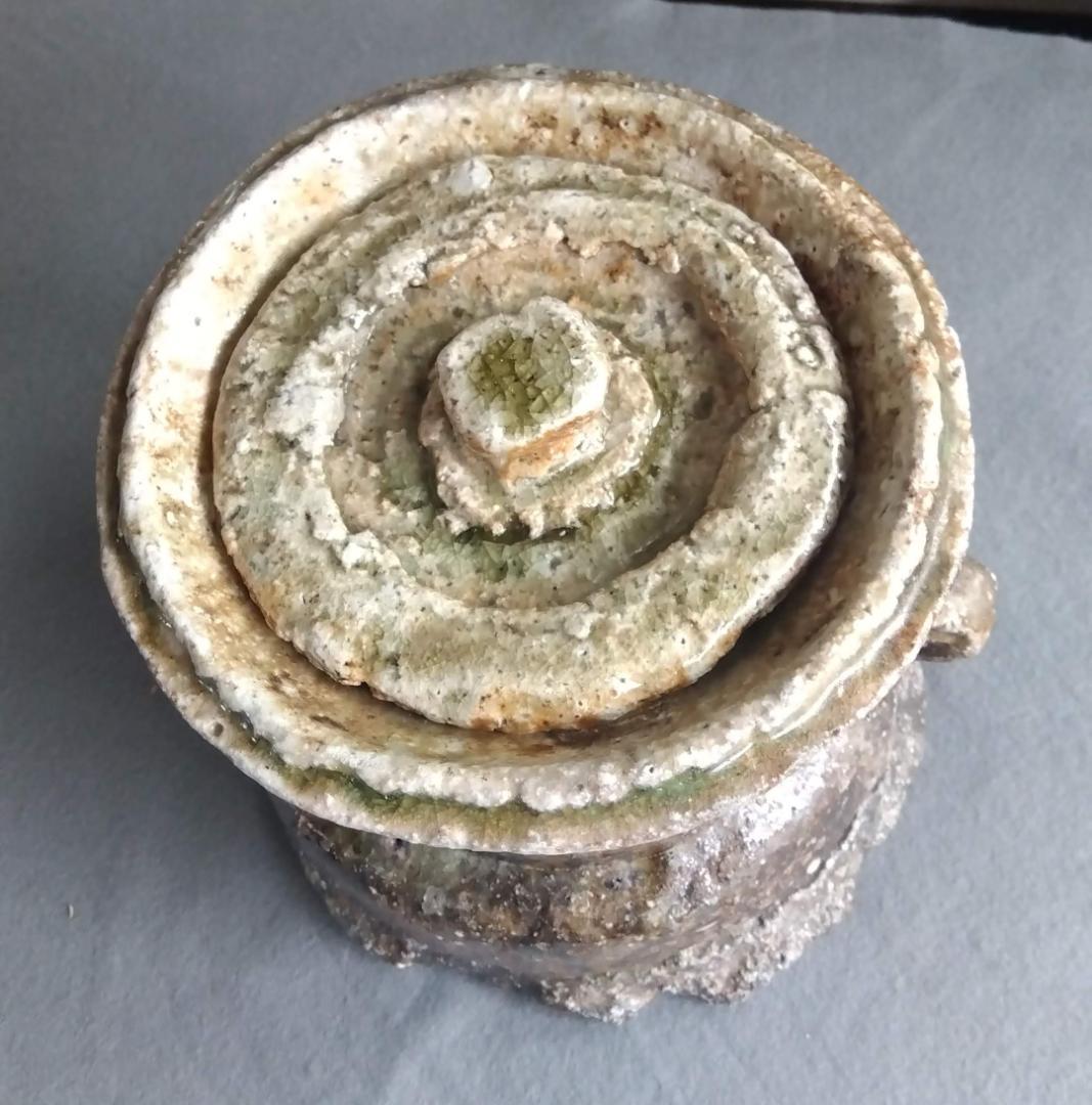 信楽焼　自然灰釉究極美逸品　谷清右衛門　茶道具伊賀写 双耳水指 塗蓋 付　共箱