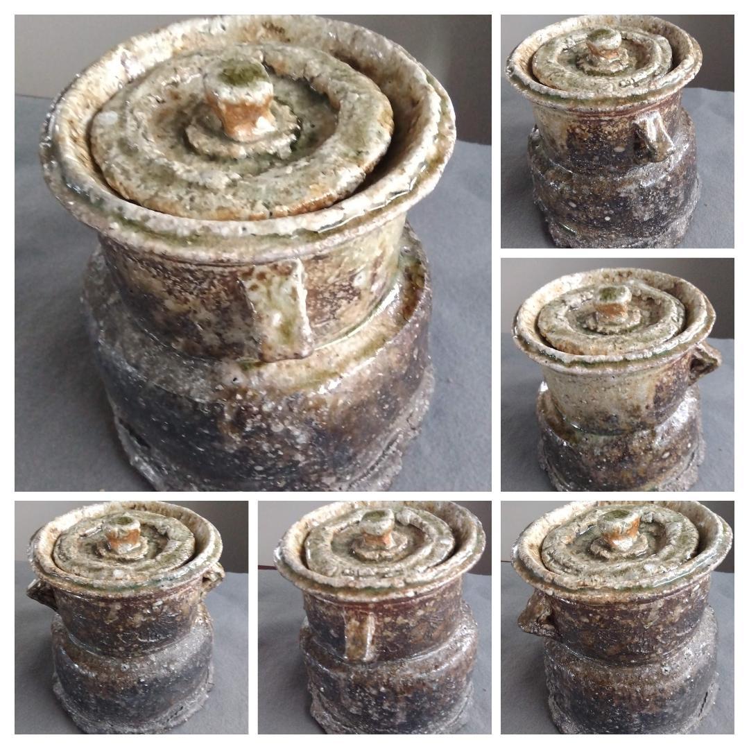 信楽焼　自然灰釉究極美逸品　谷清右衛門　茶道具伊賀写 双耳水指 塗蓋 付　共箱