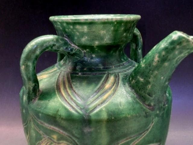 水注■唐物緑釉魚紋耳付箆目水瓶 水差 花瓶 古玩 古陶 中国 時代物 骨董品■