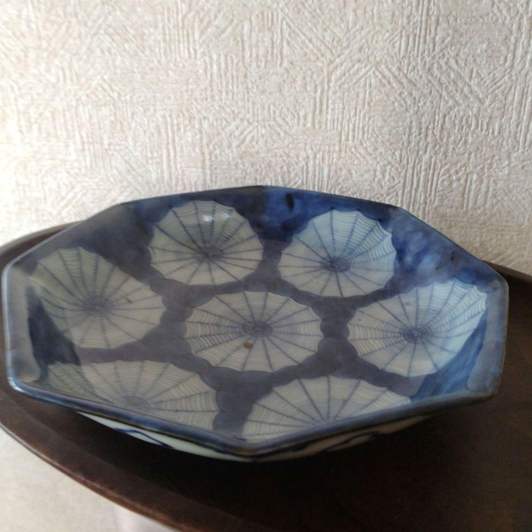 古伊万里染付蜘蛛の巣文様瑠璃八角皿江戸時代