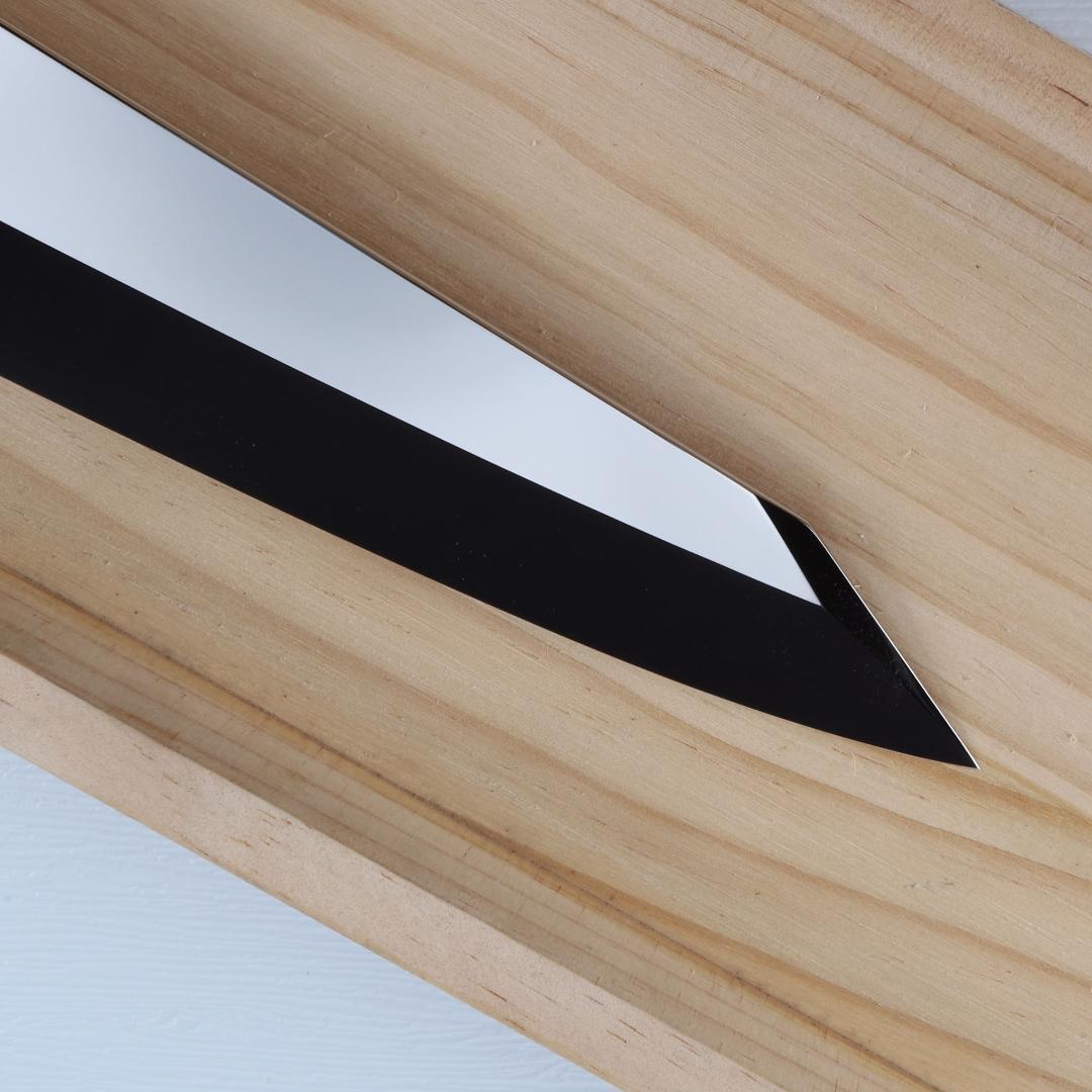 7487梵静刃物9寸勘所牛刀 片刃 ウルトラ鏡面仕上げ 黄檀黒水牛白三本巻八角柄