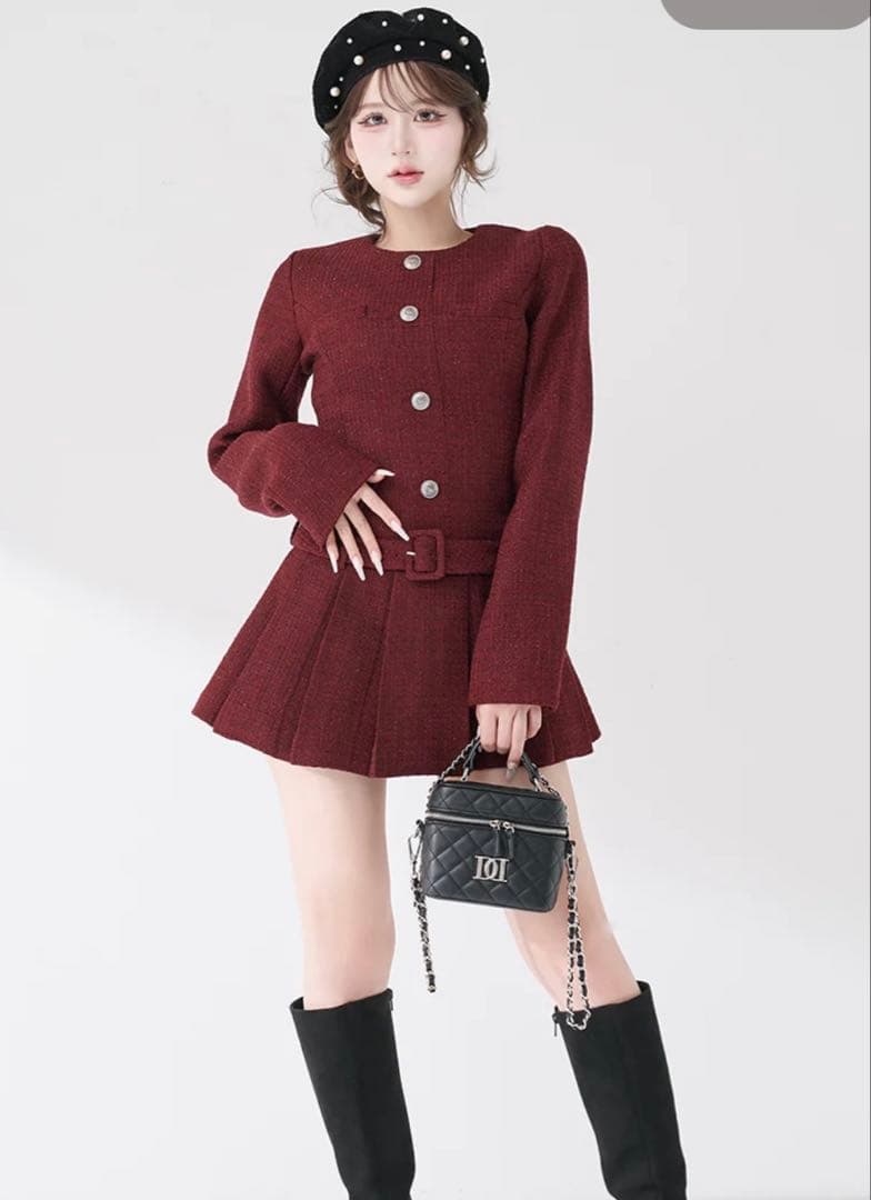 ダーリッチ　ボックスプリーツツイードミニワンピース　F-L ボルドー