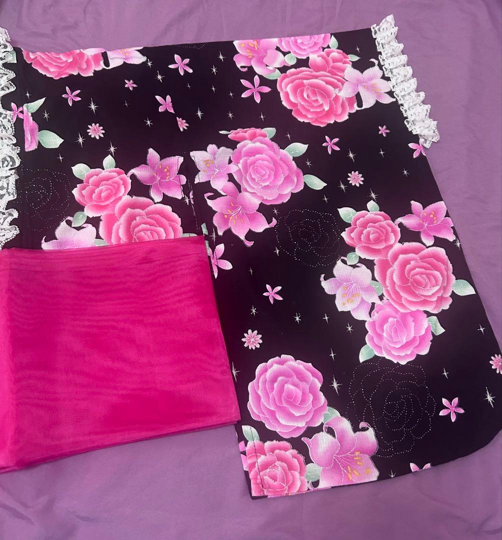 浴衣ドレス♡姫ギャル黒✖️ピンクバラ柄♡リメイク140150160 S キラキラ