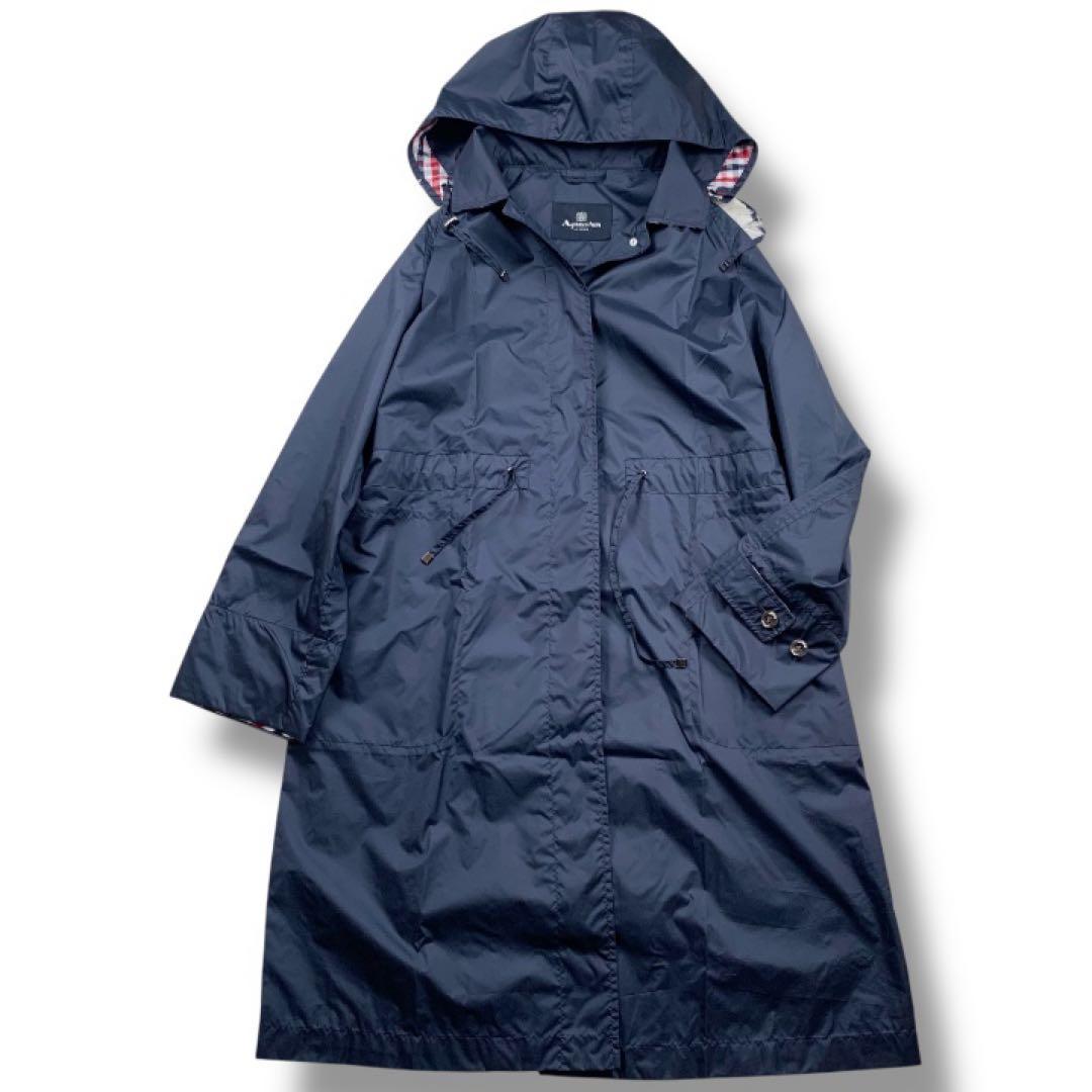 【極美品】アクアスキュータム　レインコート　比翼　ネイビー 収納袋付　チェック