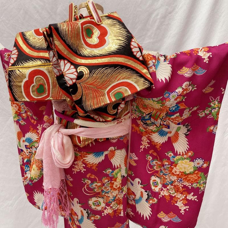 510ag23◎七五三 七歳 女児 アンティーク着物&丸帯 総柄 はまなす色◎