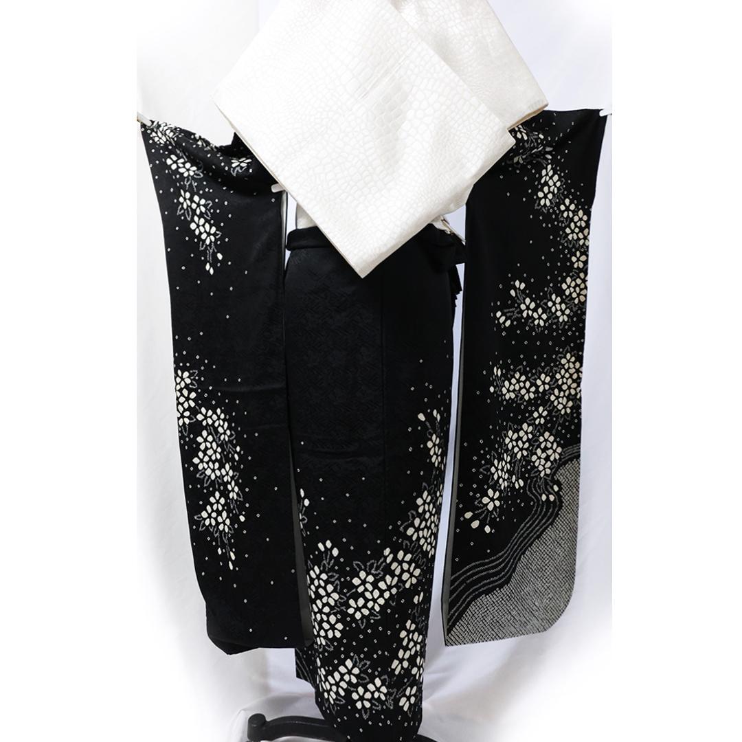 絞り◆ 振袖丈169.5cm 5点セット ◆フルセット黒モノトーン成人式ｃB39