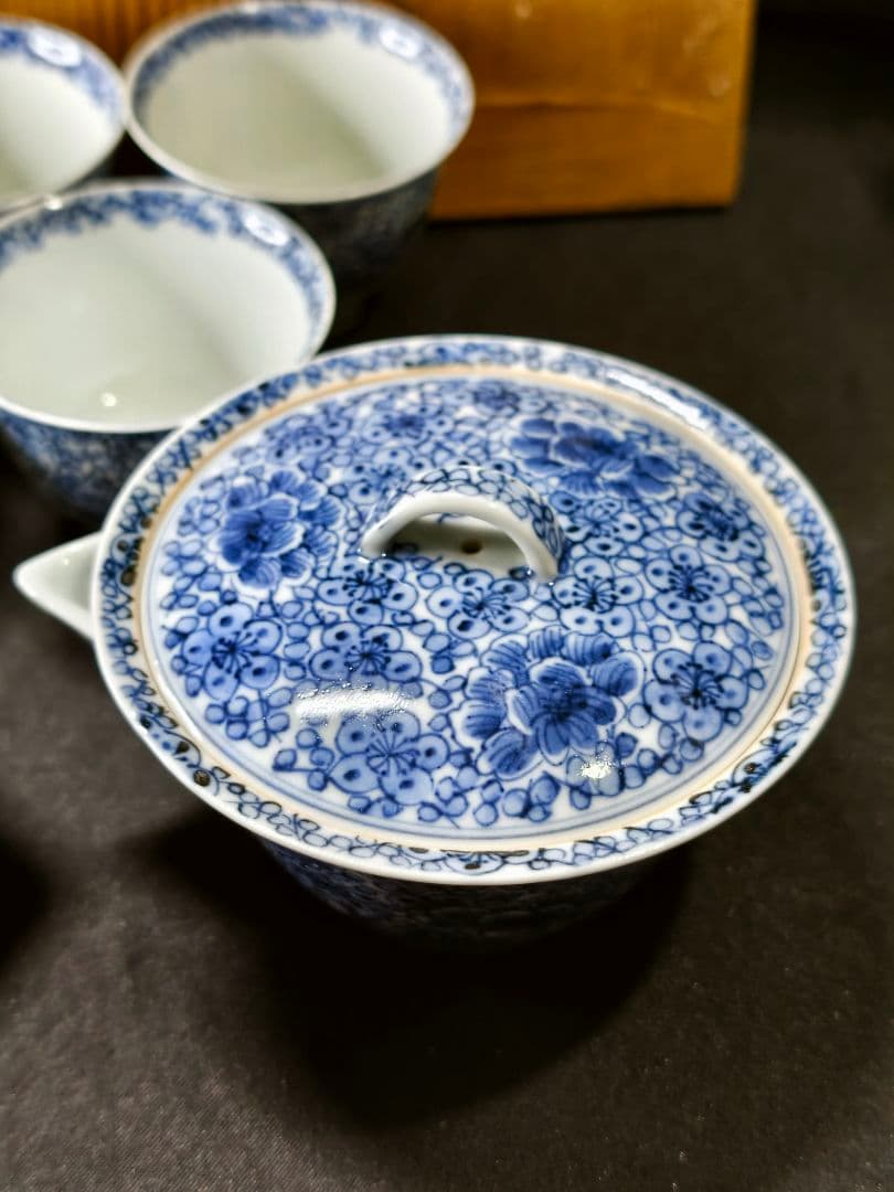 煎茶道具 京焼/清水焼 平安吉兆 染付薄手玉露茶器 手書き花文 共箱 舟型湯冷し