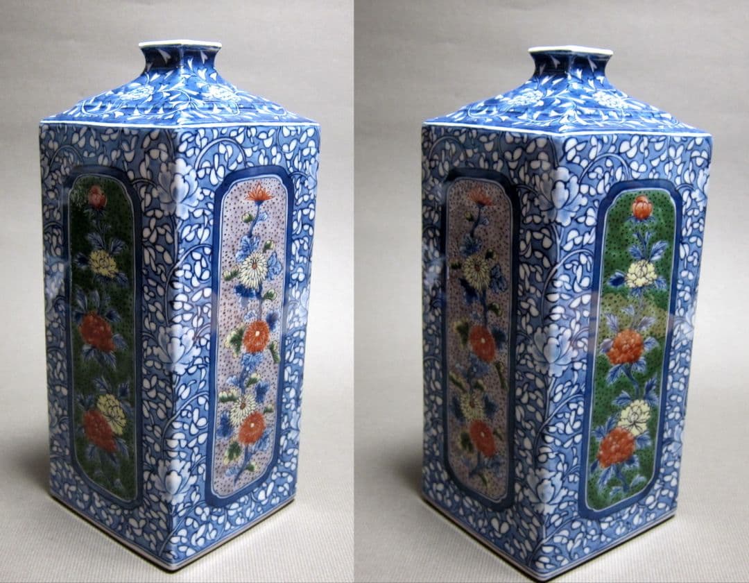 源右衛門窯　染錦間取菊牡丹絵　角花瓶　保存品　共箱　廃盤品　有田焼　色絵付　花生