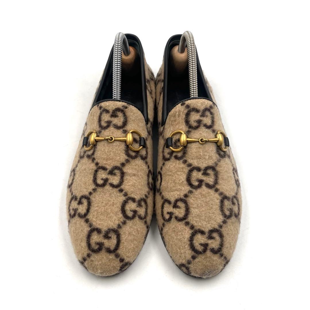 《超美品》グッチ ホース ビット ローファー GG柄 ウール フェルト ベージュ