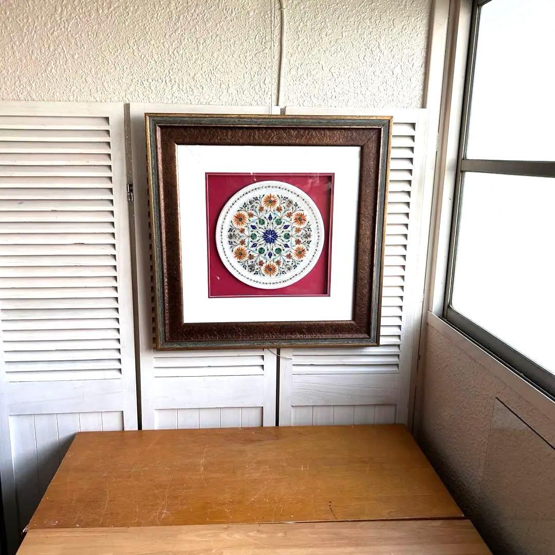 インド　大理石　象嵌細工 螺細　飾り皿　額装