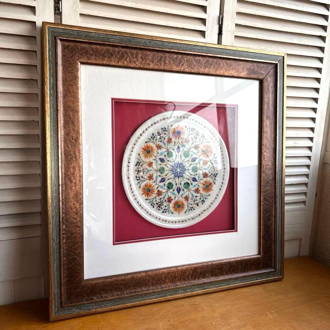 インド　大理石　象嵌細工 螺細　飾り皿　額装