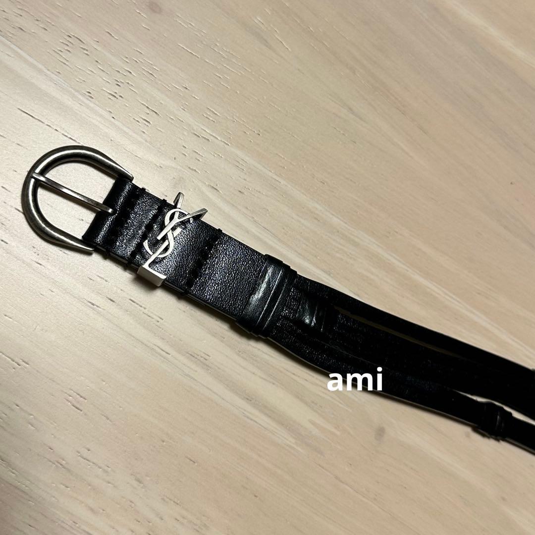 YSL ブラックレザー ベルト シルバーのバックル
