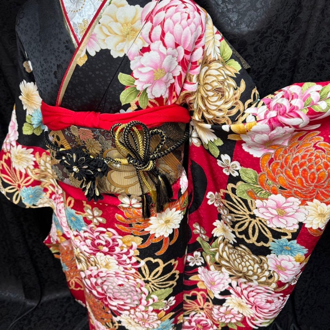 美品　レトロ　山本寛斎　落款　乱菊　パール加工　逸品　フルセット　振袖　振り袖