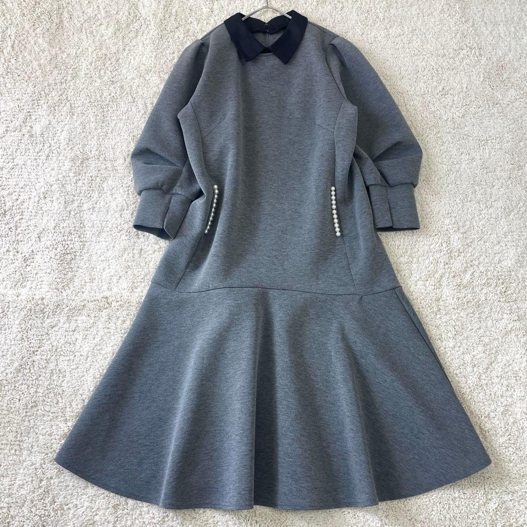 美品♡ ストラ 2way 衿取り外しパール付き ワンピース フレア グレー 38