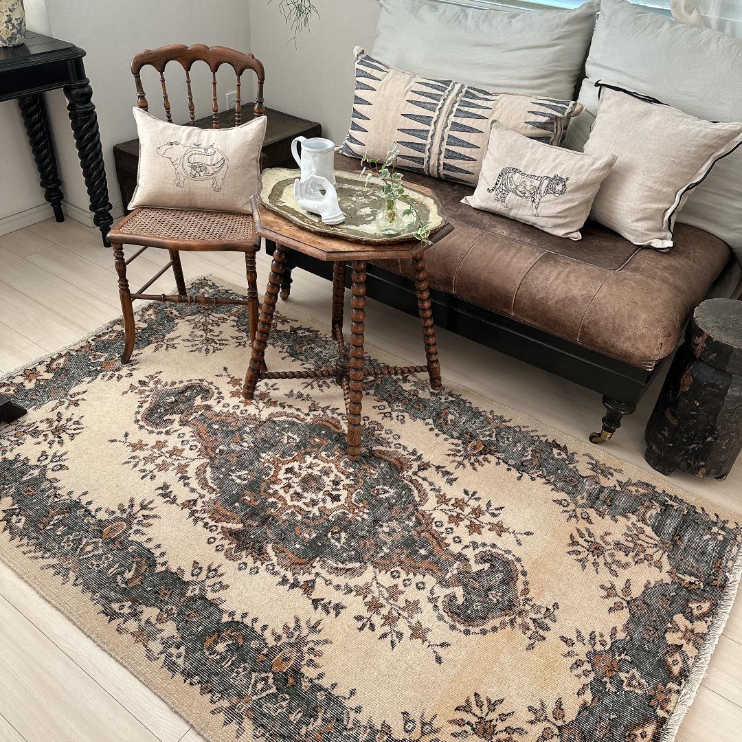 トルコ ヴィンテージラグ A101 カーキブラウン ダークグリーン メダリオン