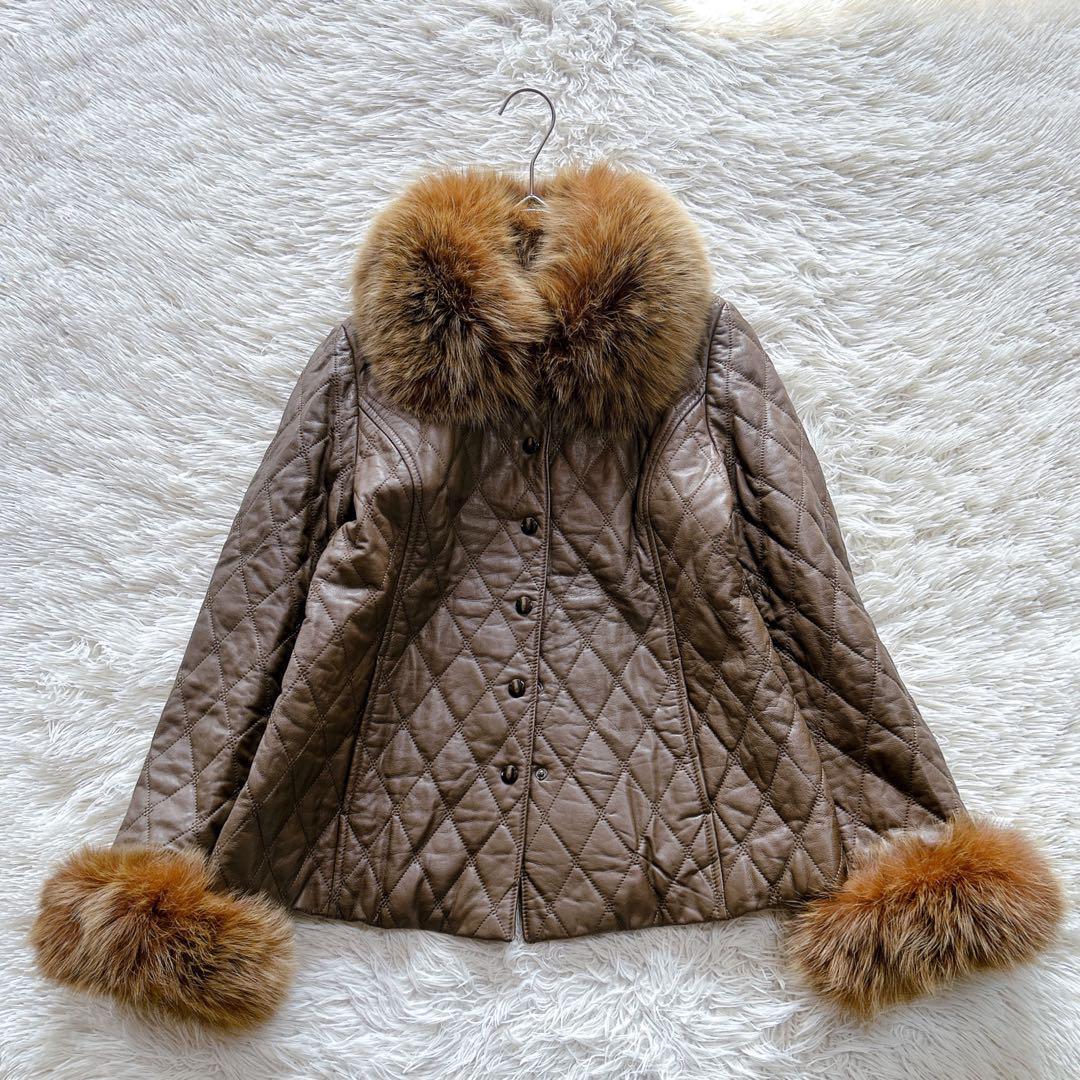 【極美品】レリアン　フォックスファー付きキルティングレザージャケット　9／M
