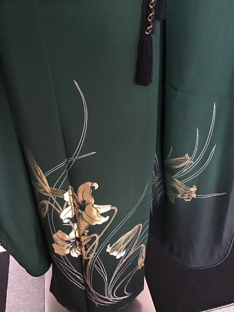 振袖フルセット　深緑　黒　金彩　作家者　躾糸付き　正絹　振袖6点セット