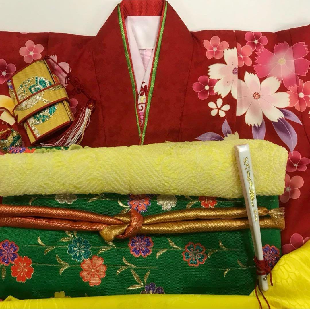 七五三　7歳女の子　着物セット　秋桜　華やか赤　山吹色　桜　緑に手鞠柄
