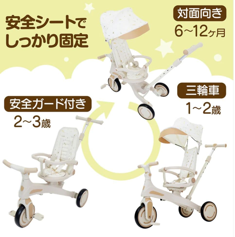 【新品】多機能三輪車 ベージュ 7in1 折りたたみ式 安全設計1歳〜5歳