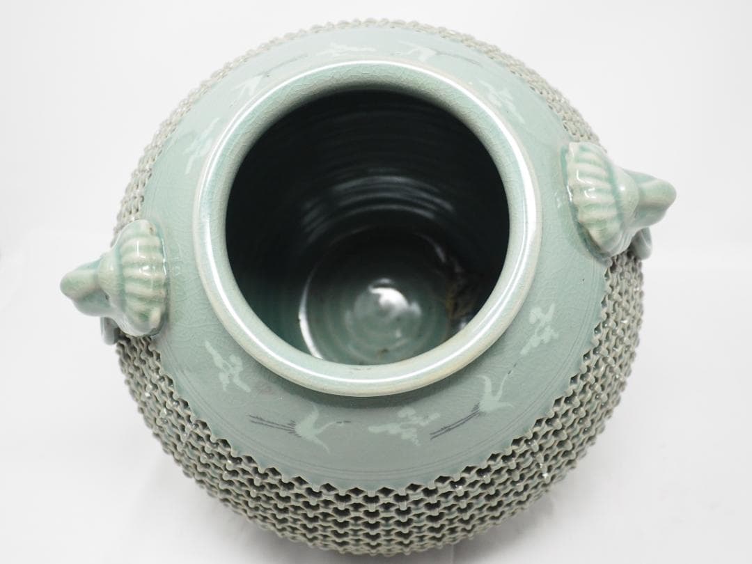 網目透かし彫り壺　鶴　獅子　東泉　-SO