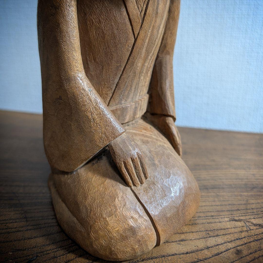 千利休 木彫 像 高さ24.5cm 茶道具 オブジェ 手彫り 木像 置物