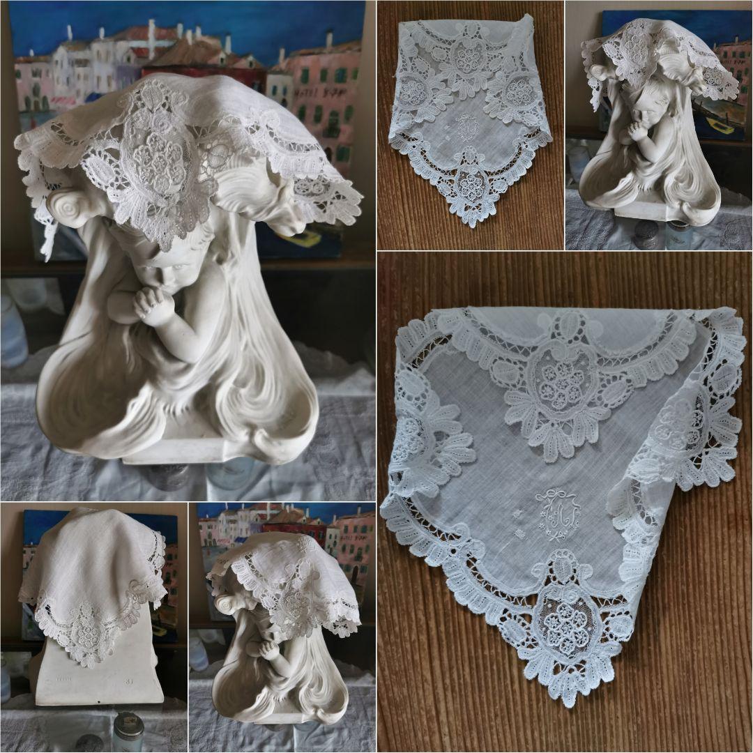 ブリュッセルレース＆アンティークフランス 大型素焼きビスク彫像塑像 少年の祈り