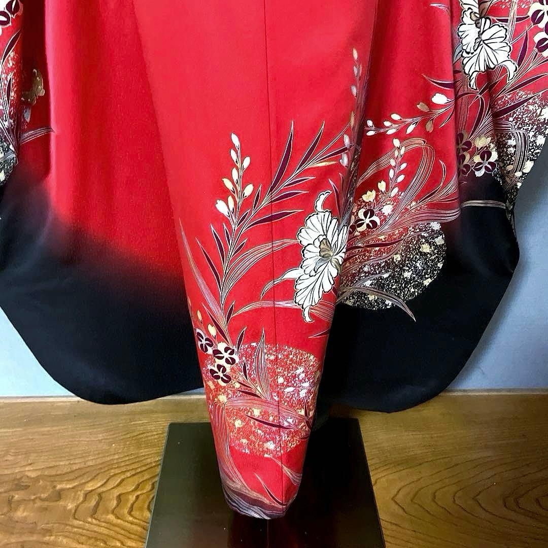 振袖フルセット　高身長　手描き友禅　成人式振袖　振袖　裄丈68 赤黒　バタフライ