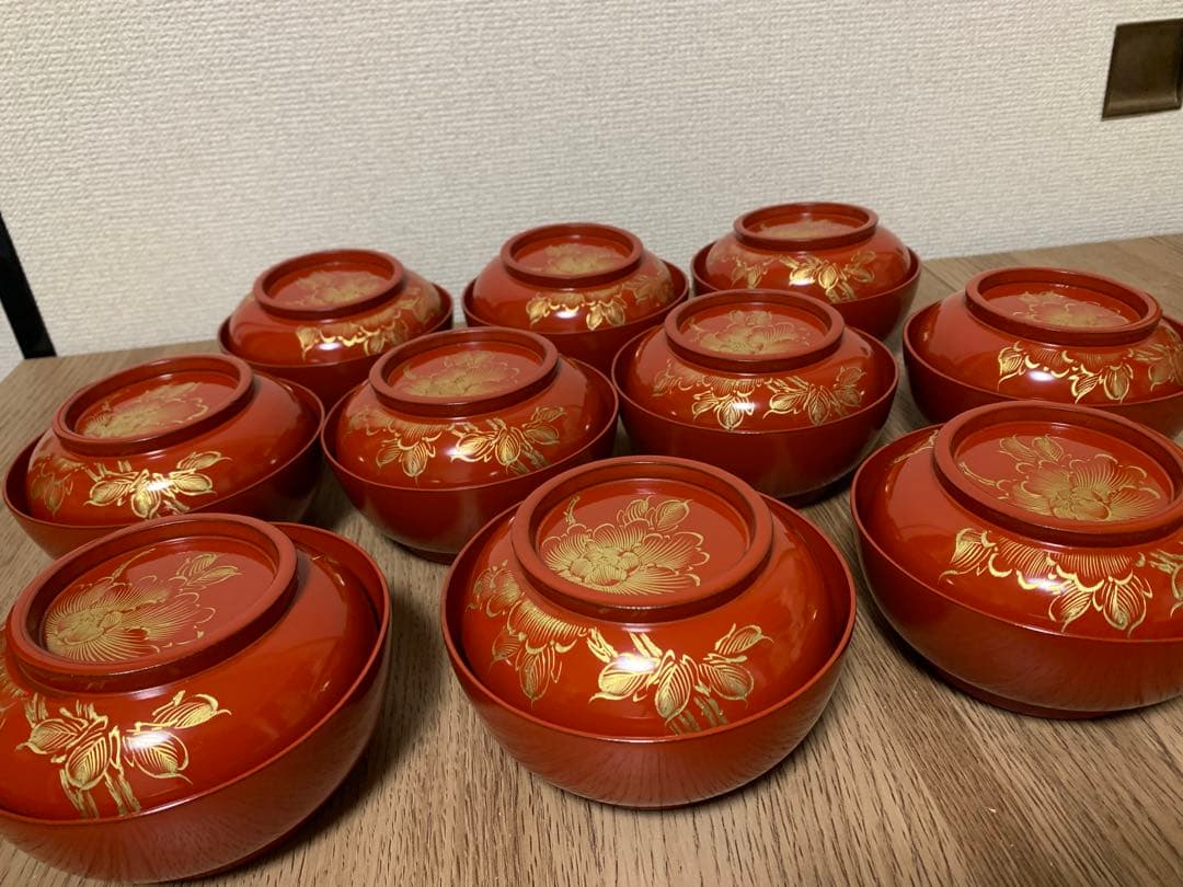 最終価格28日迄　輪島塗　沈金蒔絵木製吸物椀10客　時代物　牡丹と蝶々　未使用品