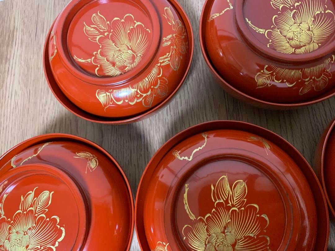 最終価格28日迄　輪島塗　沈金蒔絵木製吸物椀10客　時代物　牡丹と蝶々　未使用品