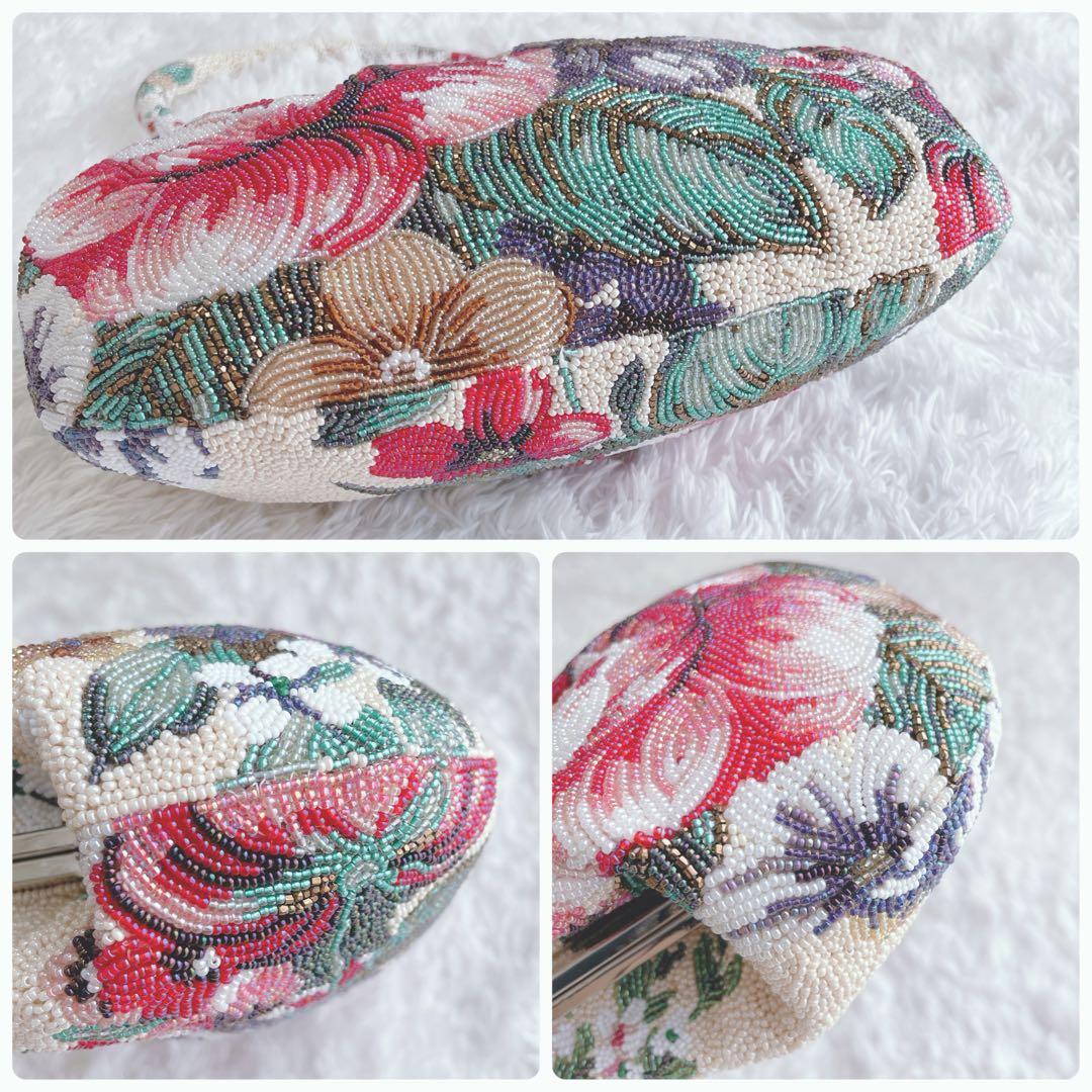 【人気】 ビーズバッグ　手刺繍　総柄　花柄　総ビーズバッグ　和装　がま口　バラ