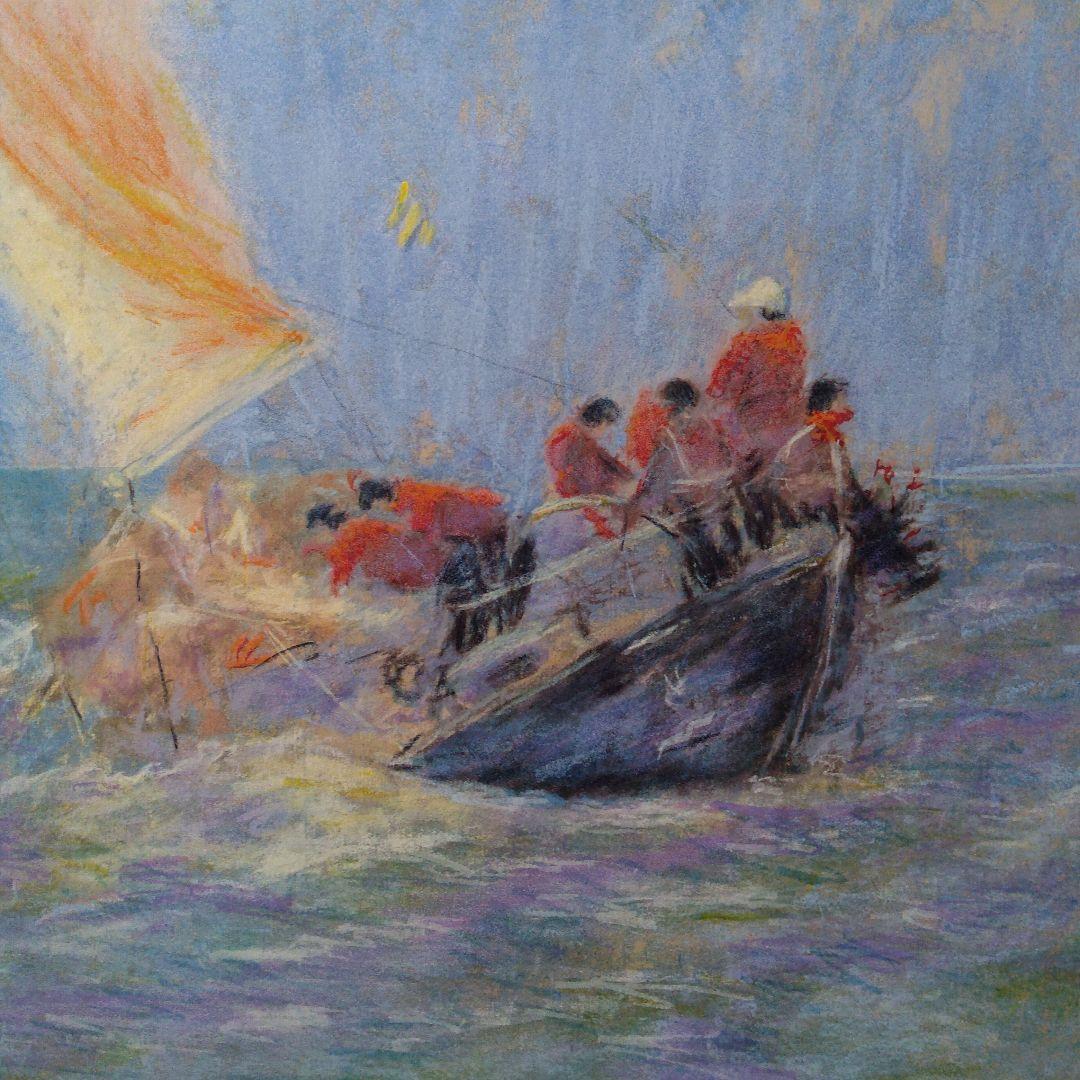 版画　横　特寸法　ヨット　海　額装仕上げ品