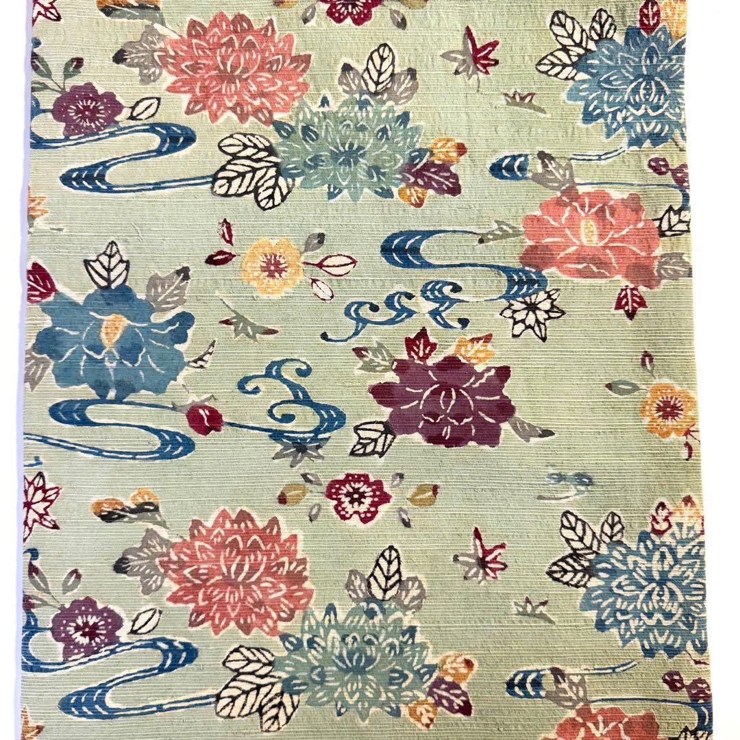 5k2399 名古屋帯　絹　紅型　浜紬　緑　赤　青　黄色　白　花柄　和装　着物