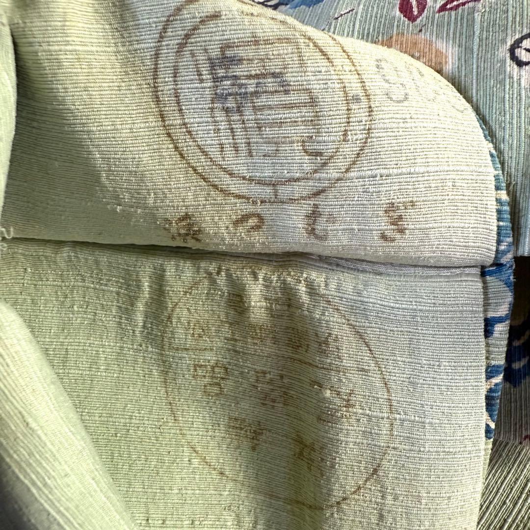 5k2399 名古屋帯　絹　紅型　浜紬　緑　赤　青　黄色　白　花柄　和装　着物