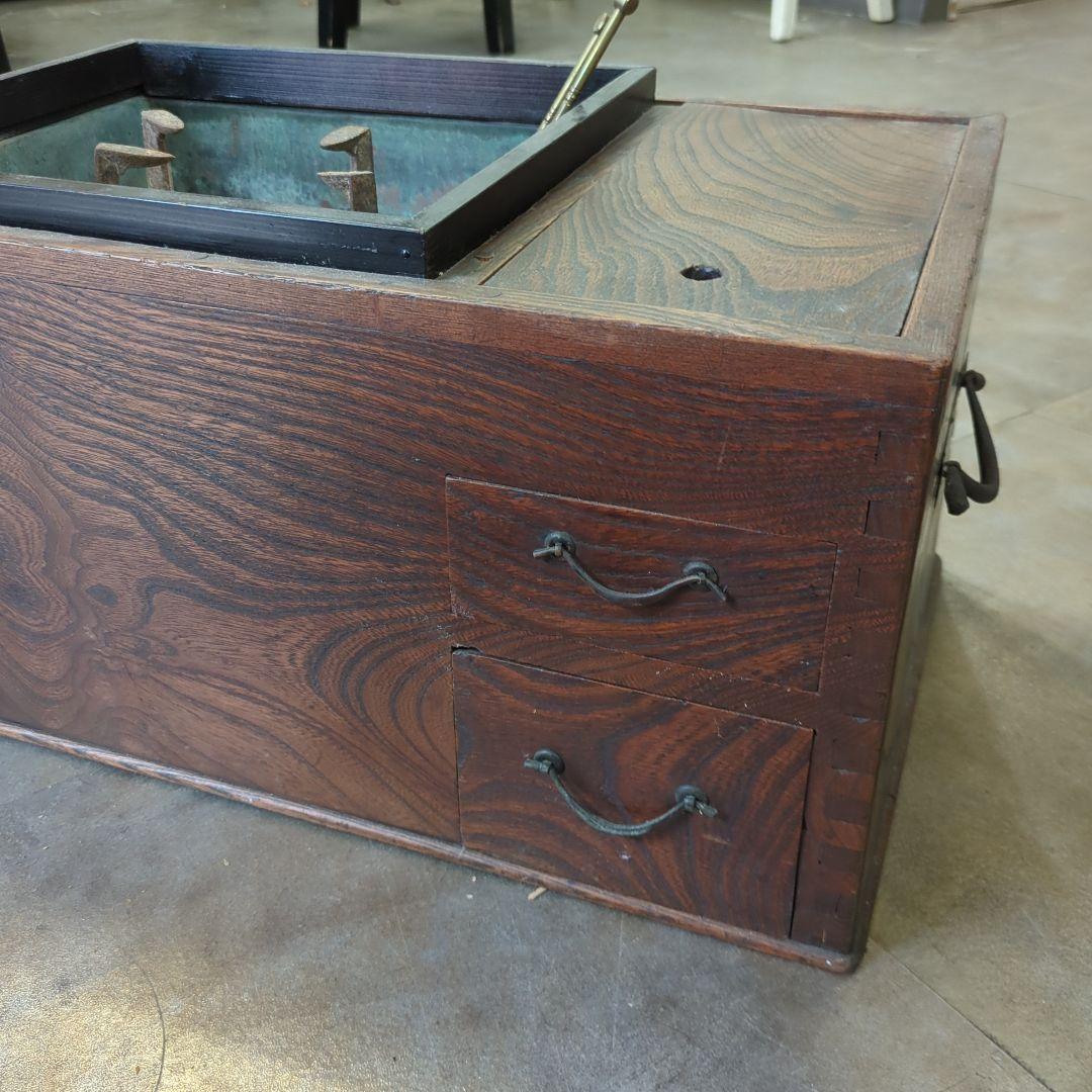 骨董 長火鉢 瓢箪五徳、火箸、灰付き 引き出し 関東火鉢 小振り