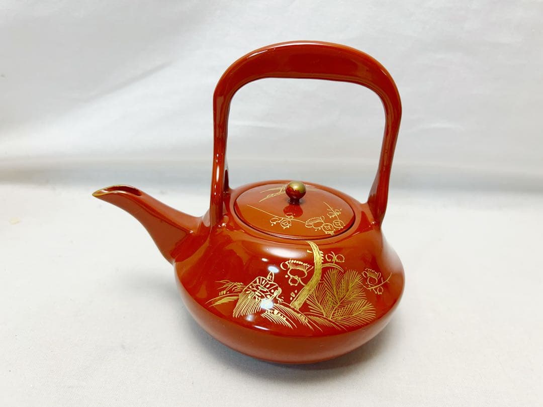 ほぼ未使用 茶道具 木製朱塗 屠蘇器五ツ揃 沈金松竹梅鶴亀蒔絵 木箱