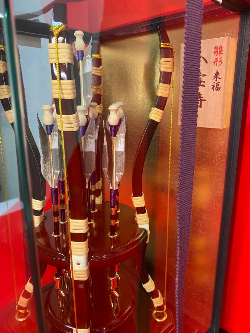 破魔弓　光鶴作　パノラマガラスケース・間口約２３×奥行約２３×高さ約３８㎝