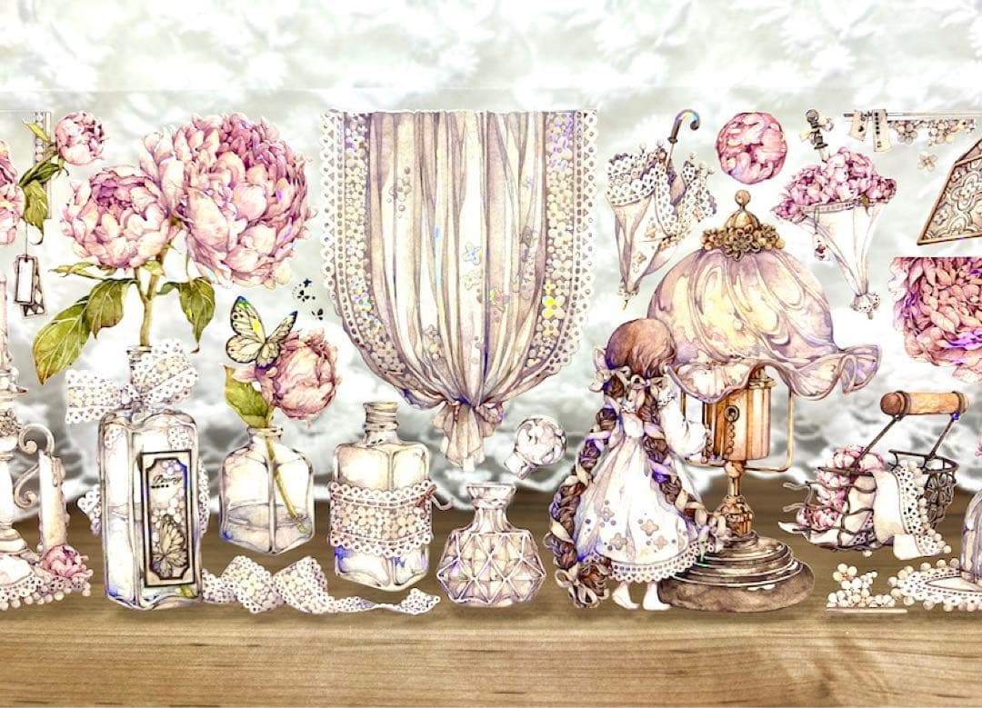 【KN058】海外PET貝殻光マスキングテープ　マステ切り売り　芍药季　お花